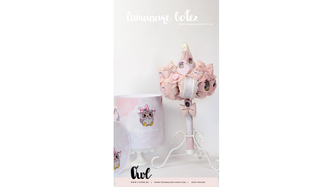 Lumanare de botez pentru fetite cu bufnite si anemone, 65x4 cm, Bufnita zapacita 1